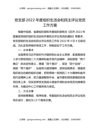 党支部2022年度组织生活会和民主评议党员工作方案