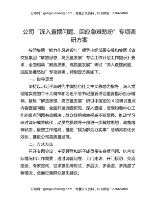 公司“深入查摆问题、回应急难愁盼”专项调研方案