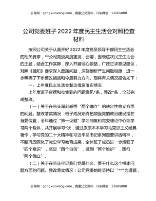 公司党委班子2022年度民主生活会对照检查材料