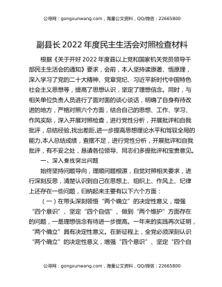 副县长2022年度民主生活会对照检查材料