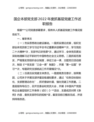 国企本部党支部2022年度抓基层党建工作述职报告