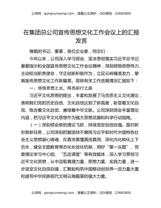 在集团总公司宣传思想文化工作会议上的汇报发言