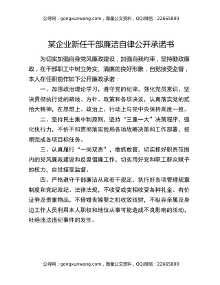 某企业新任干部廉洁自律公开承诺书