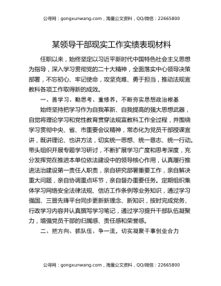 某领导干部现实工作实绩表现材料