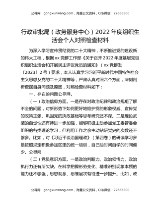 行政审批局（政务服务中心）2022年度组织生活会个人对照检查材料
