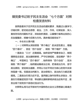 镇党委书记班子民主生活会“七个方面”对照检查发言材料