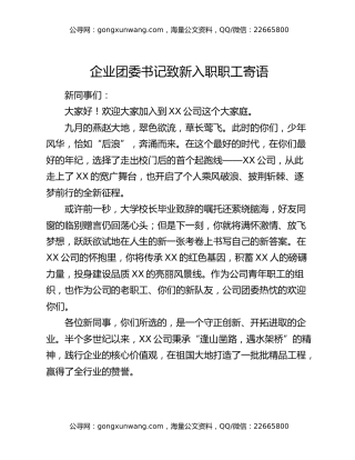 企业团委书记致新入职职工寄语