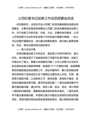 公司纪委书记巡察工作动员部署会讲话
