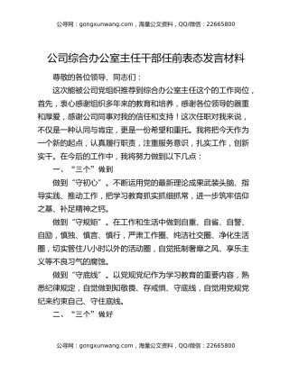 公司综合办公室主任干部任前表态发言材料