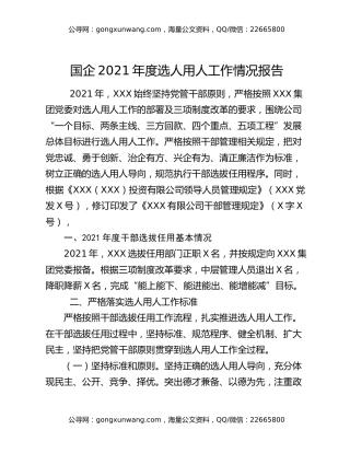 国企2021年度选人用人工作情况报告