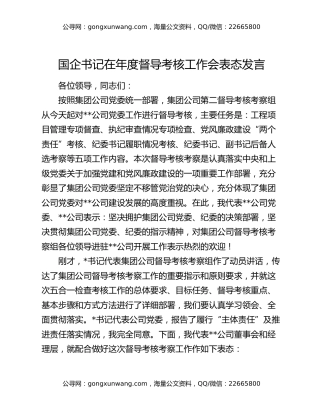 国企书记在年度督导考核工作会表态发言