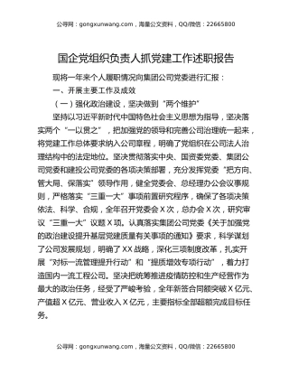 国企党组织负责人抓党建工作述职报告