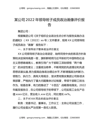 某公司2022年领导班子成员政治画像评价报告