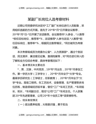 某副厂长岗位人选考察材料