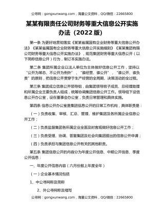 某某有限责任公司财务等重大信息公开实施办法（2022版）