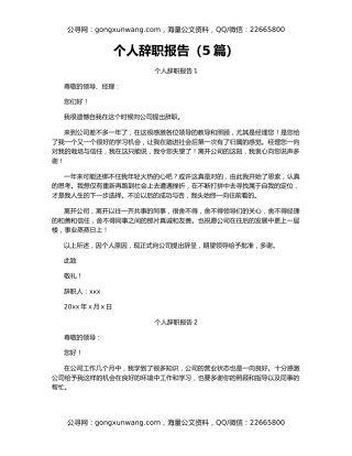 个人辞职报告（5篇）