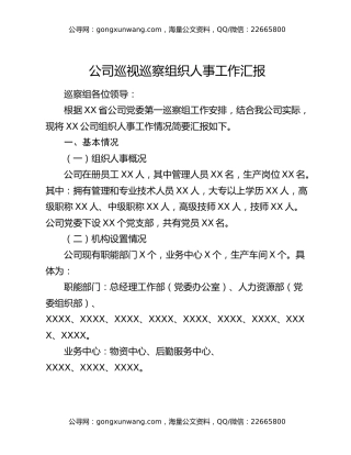 公司巡视巡察组织人事工作汇报