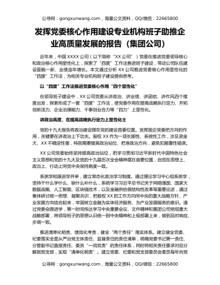 发挥党委核心作用建设专业机构班子助推企业高质量发展的报告（集团公司）