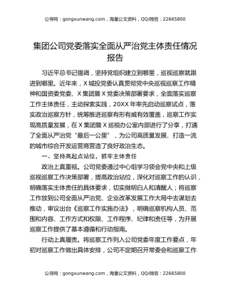 集团公司党委落实全面从严治党主体责任情况报告