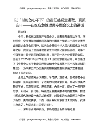 以“时时放心不下”的责任感锐意进取、真抓实干——在区应急管理局专题会议上的讲话