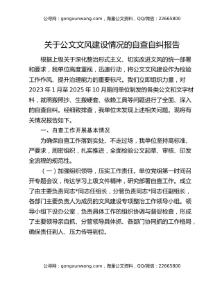 关于公文文风建设情况的自查自纠报告