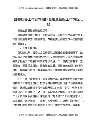 县委社会工作部党组向县委巡察组工作情况汇报