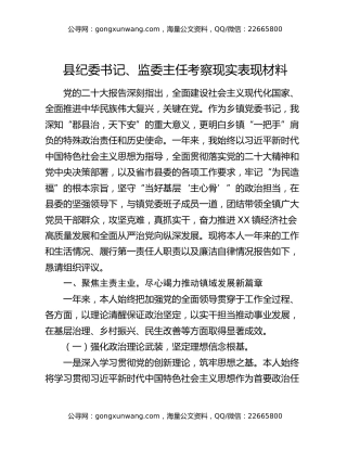 县纪委书记、监委主任考察现实表现材料
