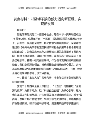 发言材料：以坚韧不拔的毅力迈向新征程、实现新发展