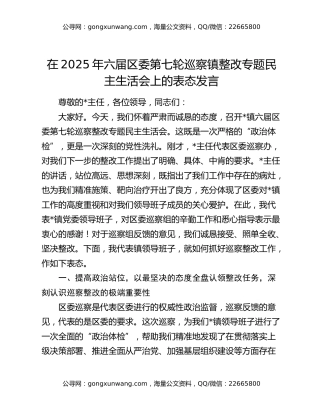 在2025年六届区委第七轮巡察镇整改专题民主生活会上的表态发言