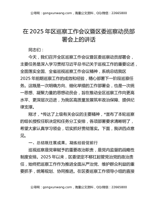 在2025年区巡察工作会议暨区委巡察动员部署会上的讲话