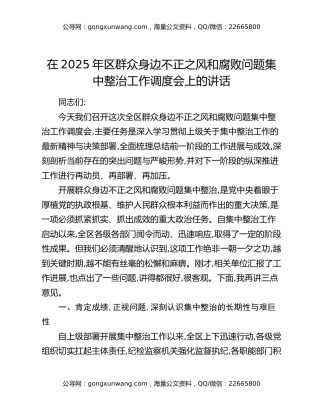 在2025年区群众身边不正之风和腐败问题集中整治工作调度会上的讲话