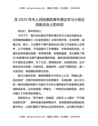 在2025年市人民检察院青年理论学习小组交流座谈会上的讲话