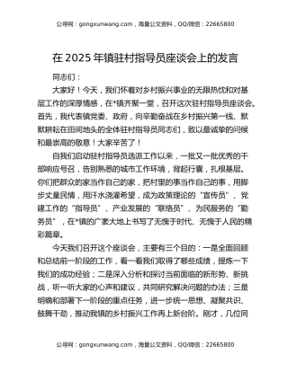 在2025年镇驻村指导员座谈会上的发言