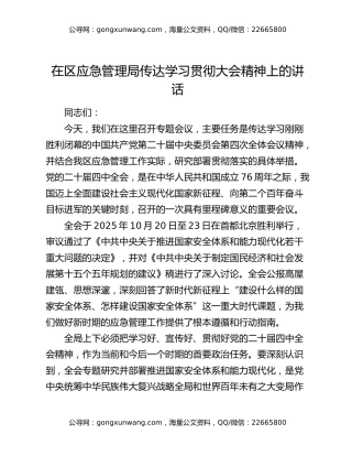 在区应急管理局传达学习贯彻四中全会精神上的讲话