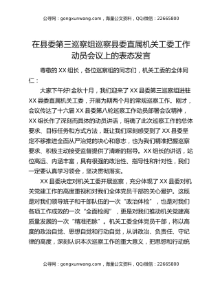 在县委第三巡察组巡察县委直属机关工委工作动员会议上的表态发言