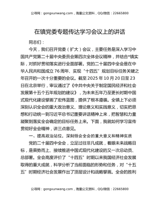 在镇党委专题传达学习四中全会精神会议上的讲话