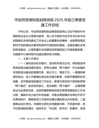 市自然资源和规划局党组2025年前三季度党建工作总结