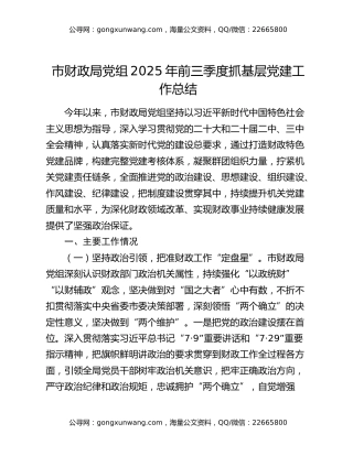 市财政局党组2025年前三季度抓基层党建工作总结