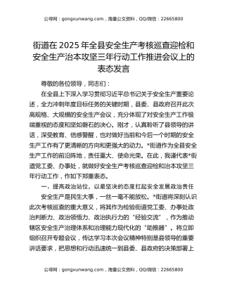 街道在2025年全县安全生产考核巡查迎检和安全生产治本攻坚三年行动工作推进会议上的表态发言