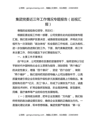 集团党委近三年工作情况专题报告（巡视汇报）