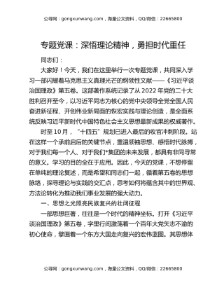 专题党课：深悟理论精神 ​勇担时代重任