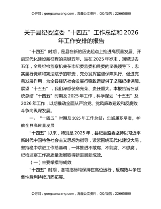 关于县纪委监委“十四五”工作总结和2026年工作安排的报告