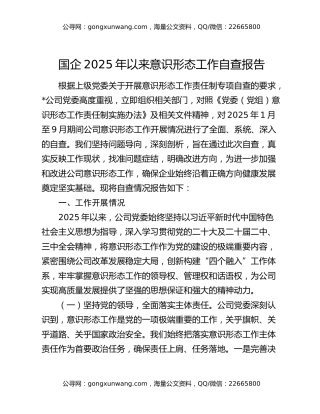 国企2025年以来意识形态工作自查报告
