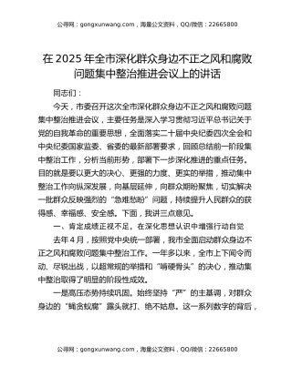 在2025年全市深化群众身边不正之风和腐败问题集中整治推进会议上的讲话