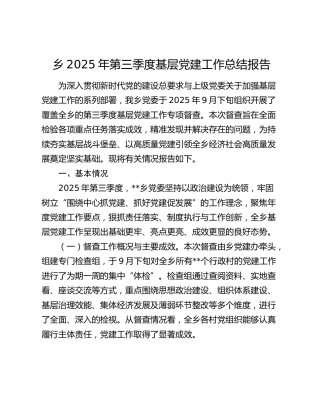 乡2025年第三季度基层党建工作总结报告
