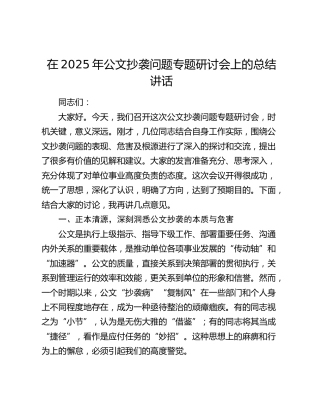 在2025年公文抄袭问题专题研讨会上的总结讲话