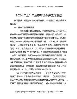 2024年上半年生态环境保护工作总结