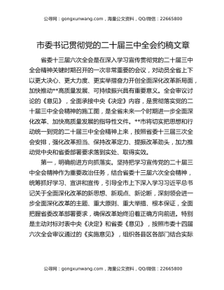 市委书记贯彻党的二十届三中全会约稿文章