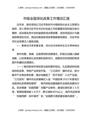 市级全面深化改革工作情况汇报