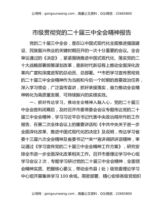 市级贯彻党的二十届三中全会精神报告